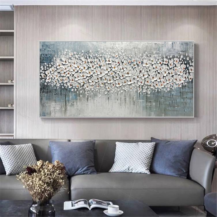 Blue Hand-painted Room Flower Grey Abstract Canvas Artwork 15V6S